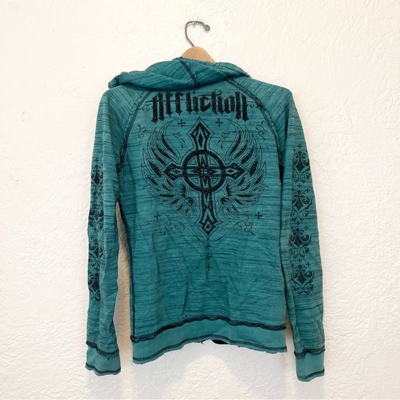 Affliction Reversible Hoodie Teal Green Medium M - Picture 15 of 16